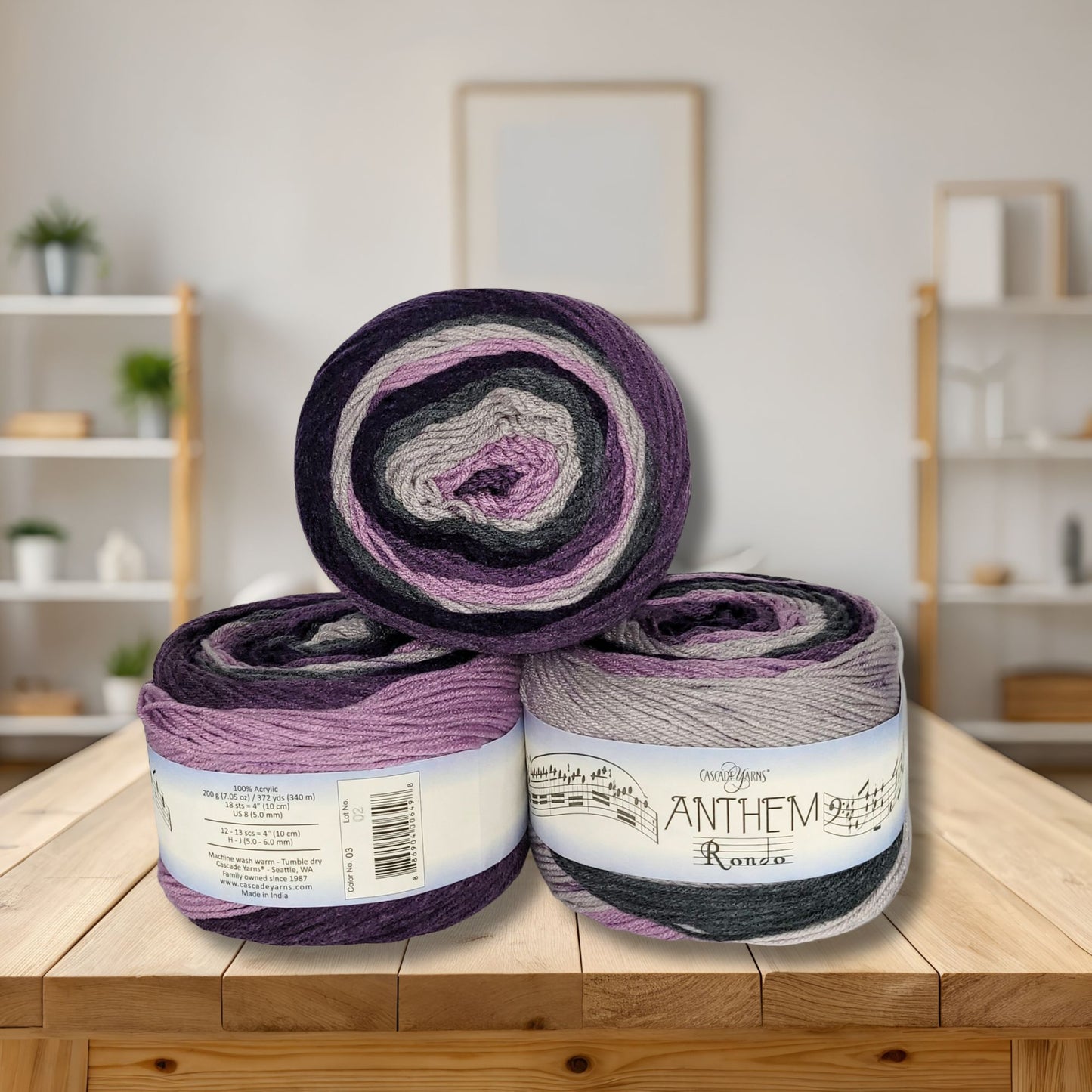 Anthem Rondo yarn in Smoky Violet — multicolored self-striping acrylic, 372 yard skein