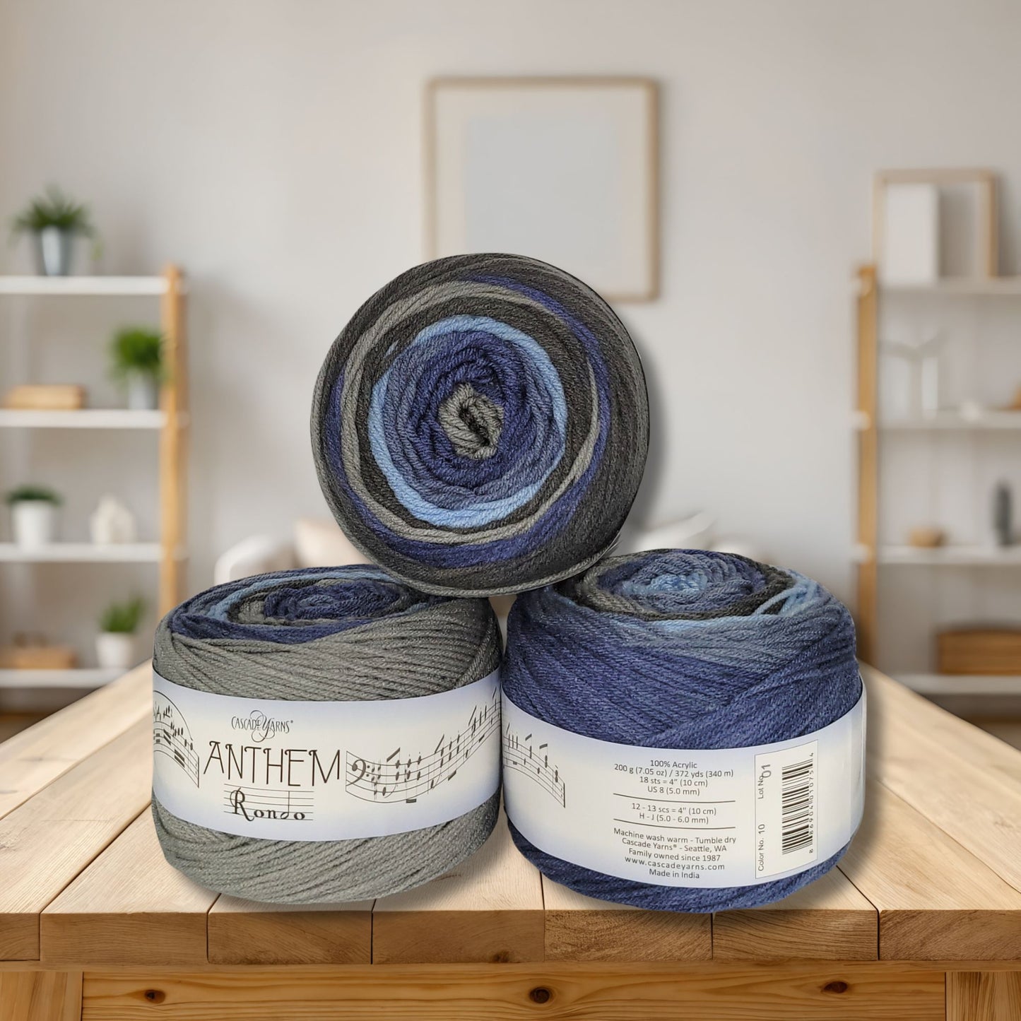 Anthem Rondo yarn in Denim — blues and greys self-striping acrylic, 372 yard skein
