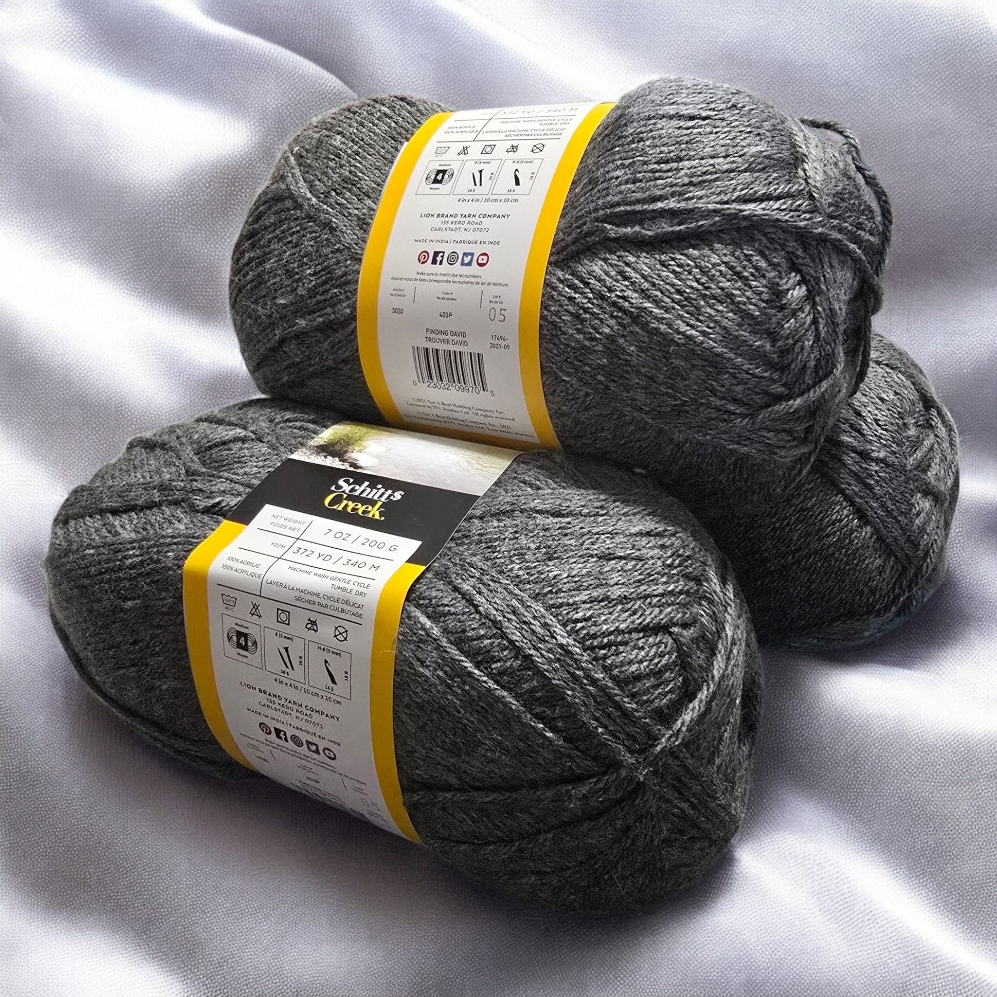 Schitt’s Creek acrylic yarn in Finding David - Dark Grey, 372 yard skein