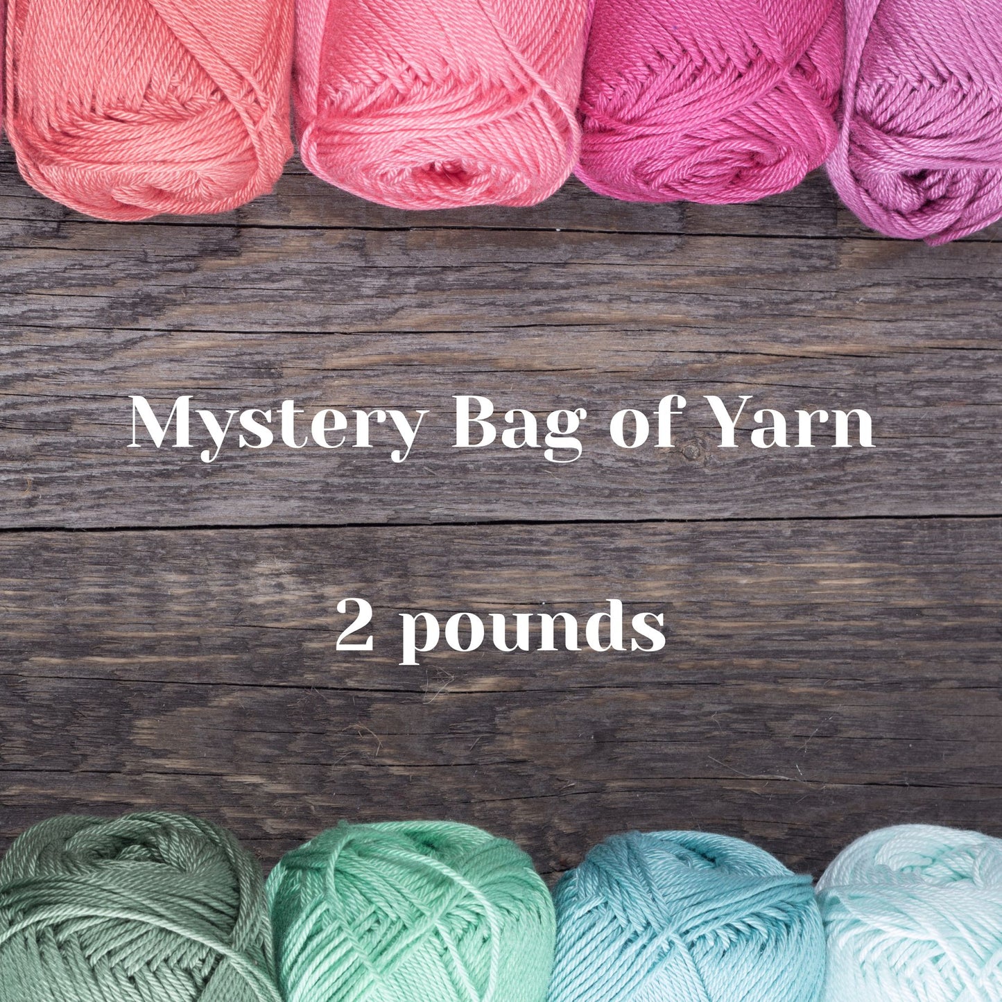 Mystery Bag of Yarn with premium gradient colorways in pink to purple and green to blue on rustic wood background